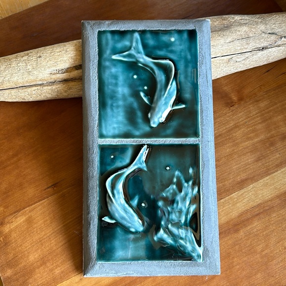 Sligo Creek Tile Co Koi fish swimming teal blue/green glaze tile wall plaque - Picture 1 of 7